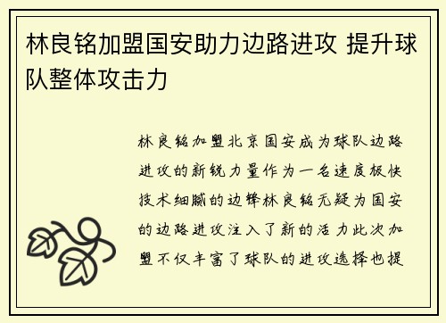 林良铭加盟国安助力边路进攻 提升球队整体攻击力